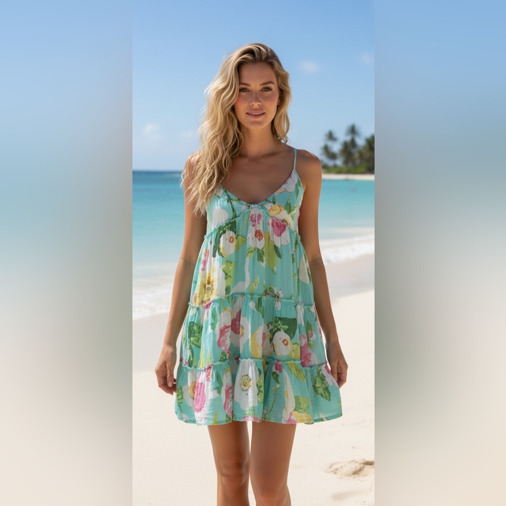 DEBBIE KATZ AMELIE Aqua Sea Resortwear Babydoll Beach Coverup Dress Sz M Vacay